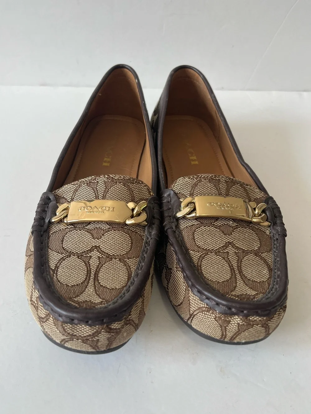 Coach olive Brown Signature logo Gold Hardware Canvas Driving Loafers size 7.5B